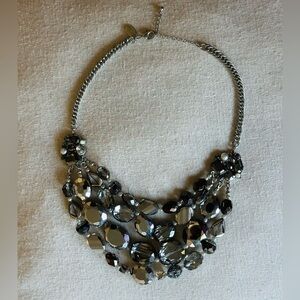 WHBM Statement Necklace Charcoal Silver Chain Faceted Stone Chunky Multi Layers